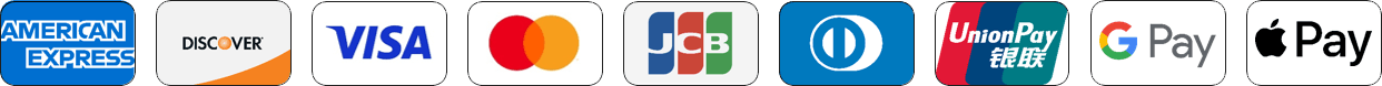 American Express, Discover, Visa, Mastercard, JCB, Diners Club, UnionPay, Google Pay, Apple Pay